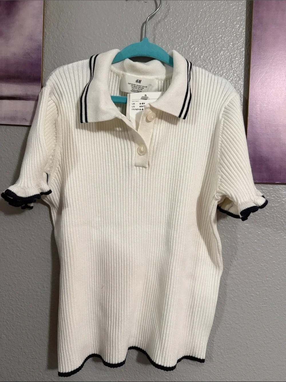 H&M knit collar ribbed top sweater 6/7 years girls new white black accent